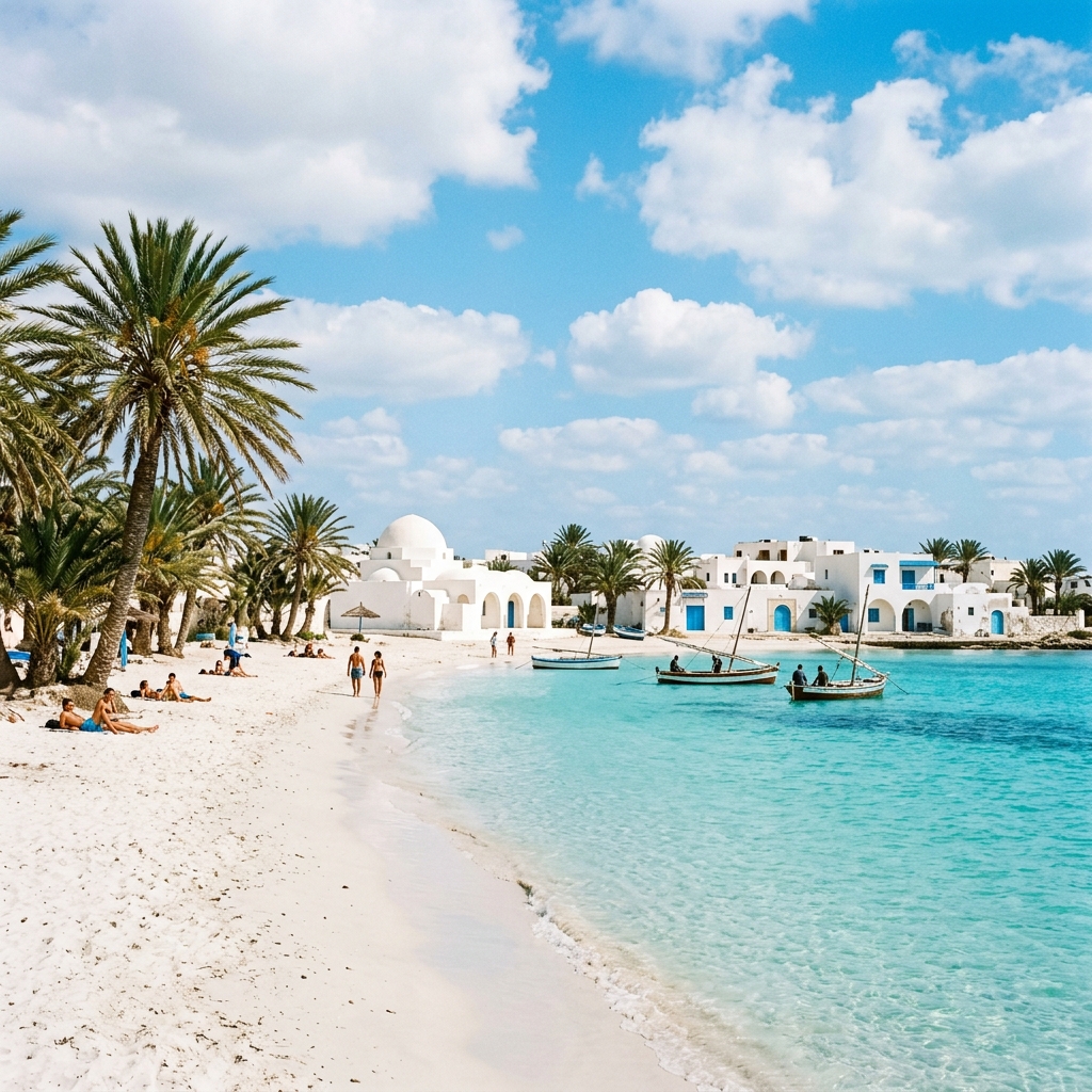 Djerba – idylická pláž s palmami a bílou architekturou